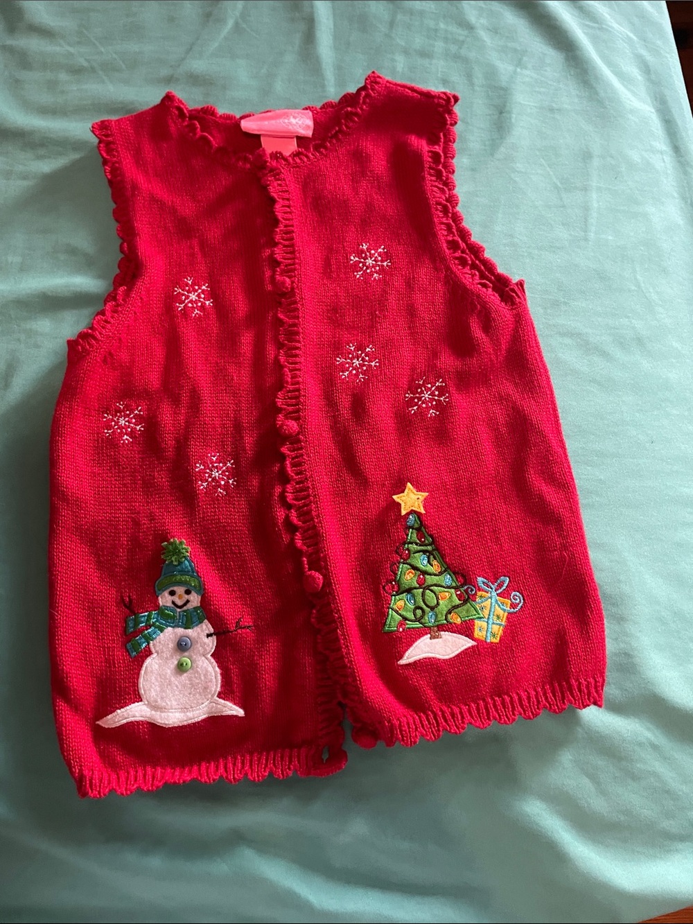 Red Holiday Knit Vest with Snowman & Tree Embroidery